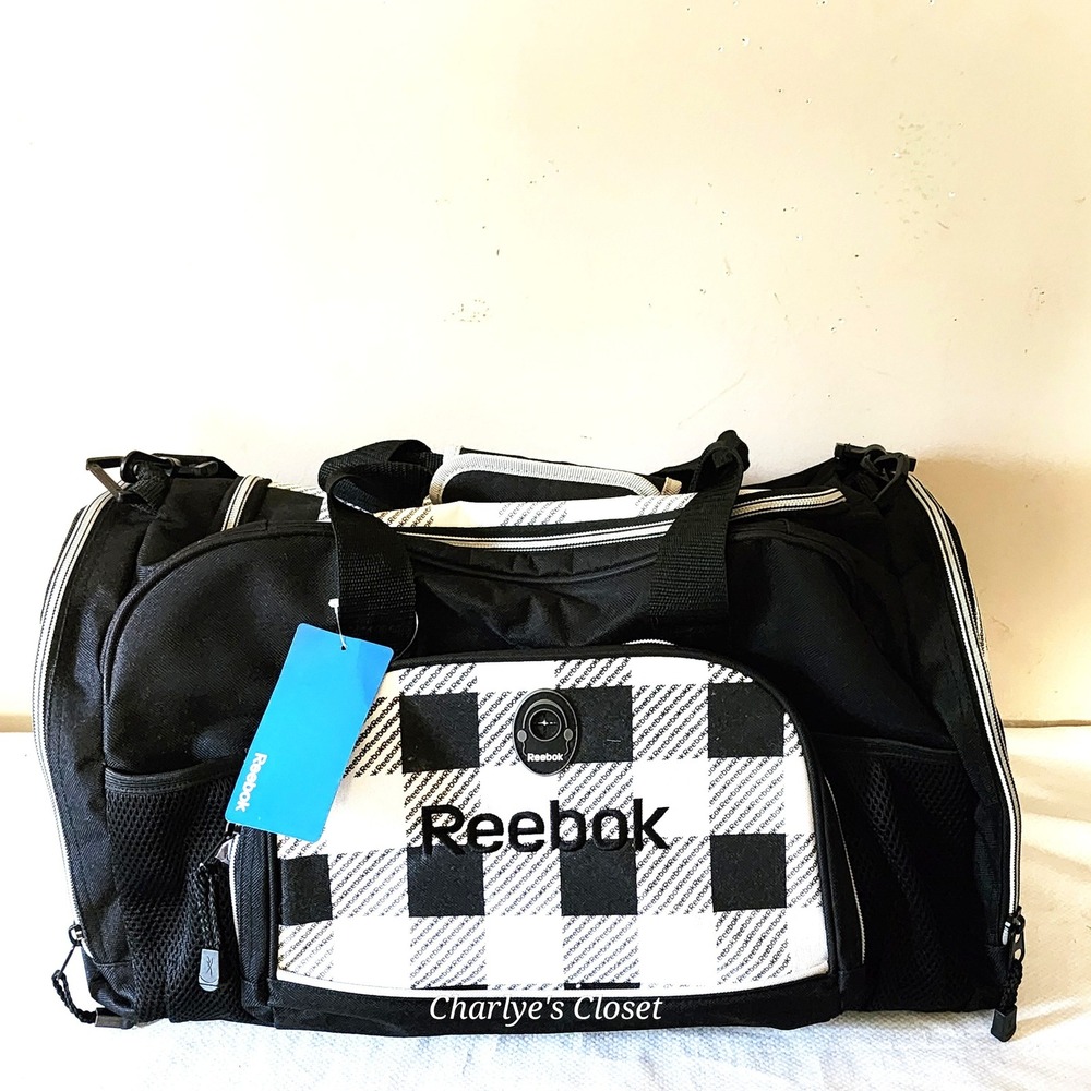Reebok 20" Duffel Bag NWT Unisex Black White Check School Athletic Gym Travel